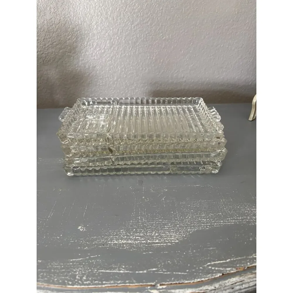 (4) Vintage Rectangular Hazel Atlas Snack & Sip Smoke Clear Glass Tray 1930's